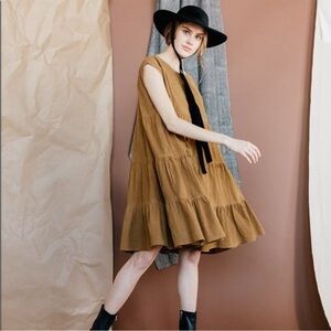 VOLOSHIN Luna Mustard Brown Corduroy Lagenlook Tiered Pockets Mini Length Dress
